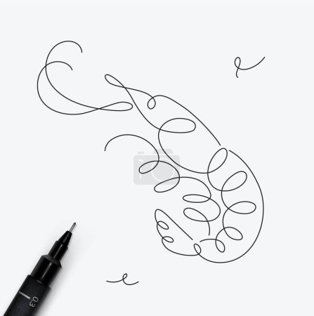 Ilustración de Camarones criatura marina dibujo en estilo de línea de pluma sobre fondo blanco - Imagen libre de derechos
