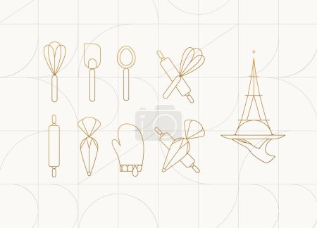 Illustration for Kitchen utensils in art deco style to prepare bakery products whisk, spatula, measuring spoon, rolling pin, pastry bag, potholder, dish drawing on beige background - Royalty Free Image