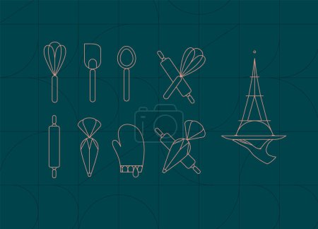 Illustration for Kitchen utensils in art deco style to prepare bakery products whisk, spatula, measuring spoon, rolling pin, pastry bag, potholder, dish drawing on dark turquoise background - Royalty Free Image