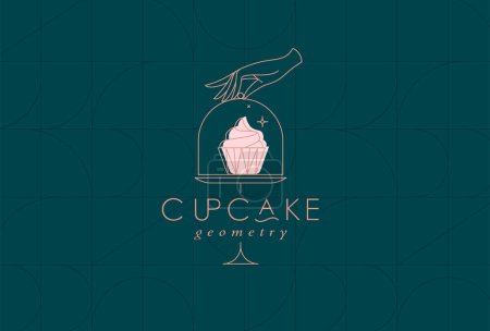 Téléchargez les illustrations : Porte-gâteau avec cupcake en style art déco tenant à la main dessin sur fond turquoise foncé - en licence libre de droit