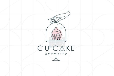 Téléchargez les illustrations : Porte-gâteau avec cupcake en style art déco tenant à la main dessin sur fond blanc - en licence libre de droit