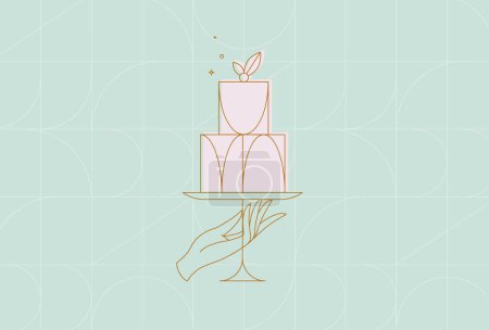 Illustration for Cake stand with dessert in art deco style holding by hand drawing on turquoise background - Royalty Free Image
