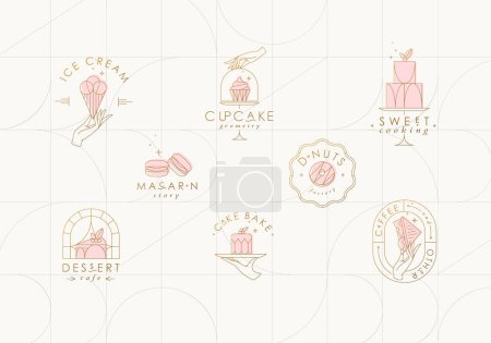 Téléchargez les illustrations : Etiquettes dessert boulangerie avec lettrage en style art déco dessin sur fond beige - en licence libre de droit