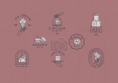 Téléchargez les illustrations : Etiquettes dessert boulangerie avec lettrage en style art déco dessin sur fond corail - en licence libre de droit