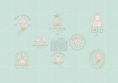 Téléchargez les illustrations : Etiquettes dessert boulangerie avec lettrage en style art déco dessin sur fond turquoise - en licence libre de droit