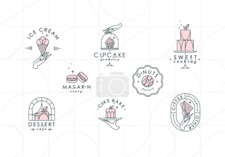 Téléchargez les illustrations : Etiquettes dessert boulangerie avec lettrage en style art déco dessin sur fond blanc - en licence libre de droit