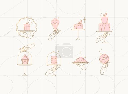 Téléchargez les illustrations : Desserts sur support à gâteau en étiquettes de style art déco dessin sur fond beige - en licence libre de droit