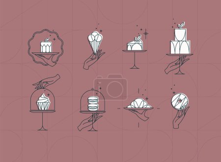 Illustration for Desserts on cake stand in art deco style labels drawing on coral background - Royalty Free Image
