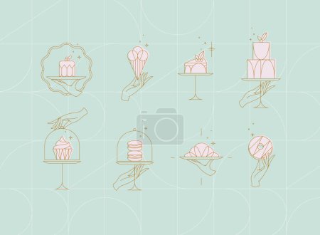 Téléchargez les illustrations : Desserts sur support à gâteau en étiquettes de style art déco dessin sur fond turquoise - en licence libre de droit