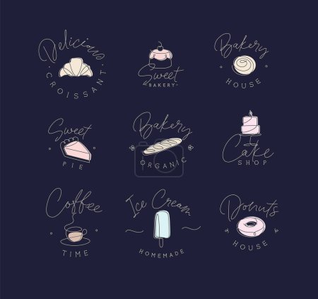 Illustration for Linear bakery and dessert labels croissant, cupcake, pie, baguette, cake, coffee, ice cream, doughnut with lettering drawing in pen line style on black background - Royalty Free Image
