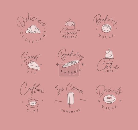 Illustration for Linear bakery and dessert labels croissant, cupcake, pie, baguette, cake, coffee, ice cream, doughnut with lettering drawing in pen line style on coral background - Royalty Free Image