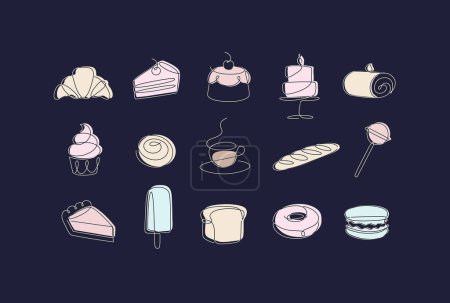 Téléchargez les illustrations : Boulangerie linéaire et icônes de dessert cupcake, sucette, café, baguette, tarte, beignet, crème glacée, gâteau, macarons, pain, biscuit dessin au stylo style ligne sur fond noir - en licence libre de droit