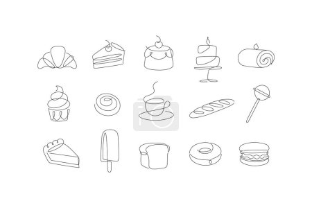 Téléchargez les illustrations : Boulangerie linéaire et icônes de dessert cupcake, sucette, café, baguette, tarte, beignet, crème glacée, gâteau, macarons, pain, biscuit dessin au stylo style ligne sur fond blanc - en licence libre de droit