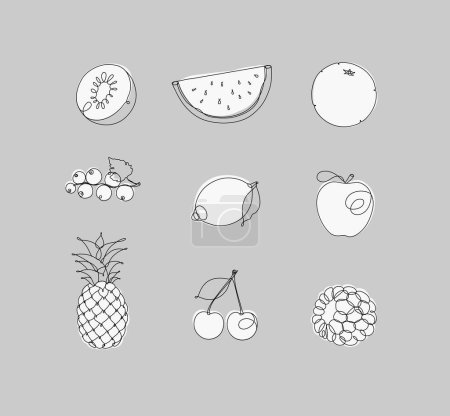 Téléchargez les illustrations : Icônes de fruits kiwi, pastèque, orange, groseille, citron, pomme, ananas, cerise, framboise dessin en style linéaire sur fond gris - en licence libre de droit