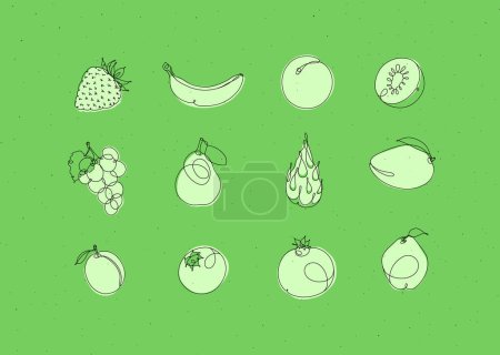 Ilustración de Iconos de frutas fresa, plátano, albaricoque, kiwi, uvas, pera, fruta del dragón, mango, melocotón, arándano, granada, membrillo dibujo en estilo lineal sobre fondo verde - Imagen libre de derechos