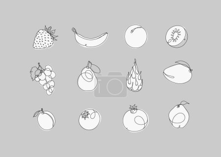 Téléchargez les illustrations : Icônes de fruits fraise, banane, abricot, kiwi, raisin, poire, fruit du dragon, mangue, pêche, myrtille, grenade, dessin de coing en style linéaire sur fond gris - en licence libre de droit