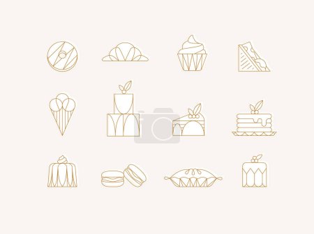Téléchargez les illustrations : Icônes de dessert dans le style art déco beignet, croissant, cupcake, sandwich, crème glacée, gâteau, dessert, crêpes, macarons, tarte à la gelée dessin avec du blanc sur fond beige - en licence libre de droit