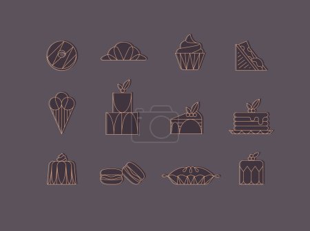 Illustration for Dessert icons in art deco style doughnut, croissant, cupcake, sandwich, ice cream, cake, dessert, pancakes, macaroons, pie jelly drawing with brown on chocolate color background - Royalty Free Image