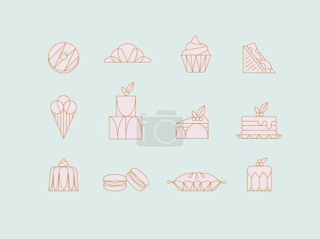 Téléchargez les illustrations : Icônes de dessert dans le style art déco beignet, croissant, cupcake, sandwich, crème glacée, gâteau, dessert, crêpes, macarons, tarte gelée dessin avec du rose sur fond turquoise - en licence libre de droit
