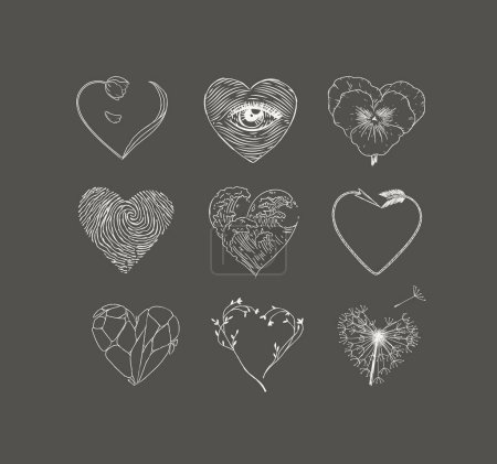Illustration for Hearts shape with flower, eye, fingerprint, wave, arrow, stone drawing in graphic style on dark background - Royalty Free Image