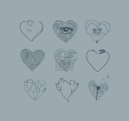 Téléchargez les photos : Coeurs en forme de fleur, oeil, empreinte digitale, vague, flèche, dessin en pierre dans un style graphique sur fond gris - en image libre de droit