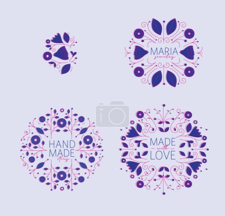 Ilustración de Etiquetas florales étnicas con dibujo de letras en estilo lineal sobre fondo azul - Imagen libre de derechos