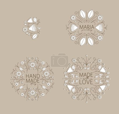 Illustration for Ethnic floral labels with lettering drawing in linear style on beige background - Royalty Free Image