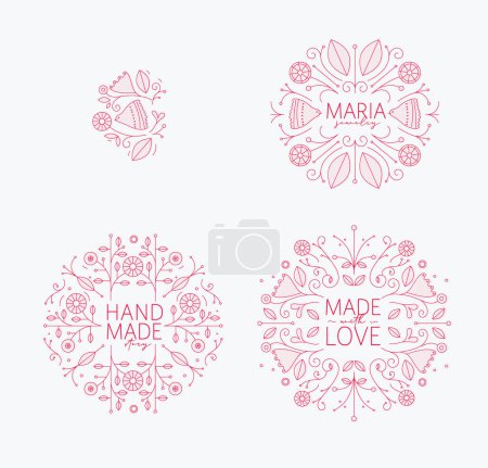 Illustration for Ethnic floral labels with lettering drawing in linear style on white background - Royalty Free Image
