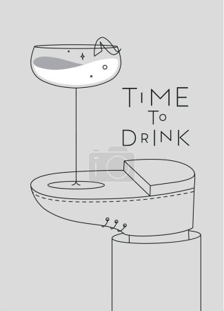 Téléchargez les illustrations : Affiche alcool. Daiquiri verre à cocktail avec lettrage temps de boire se tient sur le dessin à pied dans le style art linéaire sur fond gris - en licence libre de droit