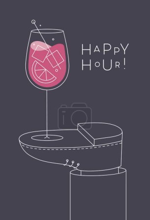 Téléchargez les illustrations : Affiche alcool. Spritz verre à cocktail avec lettrage happy hour se tient sur le dessin à pied dans le style art linéaire sur fond sombre - en licence libre de droit