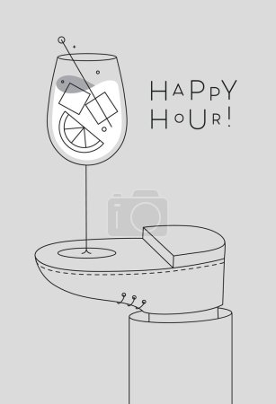 Téléchargez les illustrations : Affiche alcool. Spritz verre à cocktail avec lettrage happy hour se tient sur le dessin à pied dans le style art linéaire sur fond gris - en licence libre de droit
