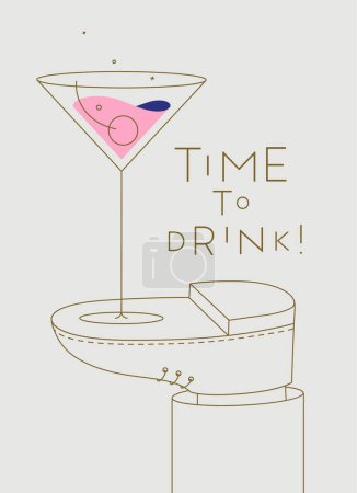 Téléchargez les illustrations : Affiche alcool. Verre à cocktail Manhattan avec lettrage temps de boire se tient sur le dessin à pied dans le style line art sur fond beige - en licence libre de droit