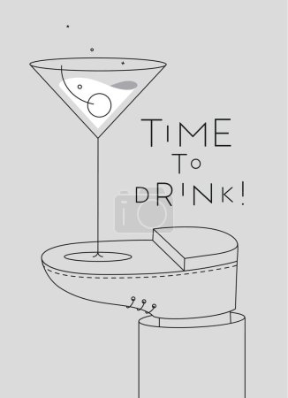 Ilustración de Cartel de alcohol. Manhattan copa de cóctel con letras tiempo para beber soportes a pie dibujo en estilo de arte en línea sobre fondo gris - Imagen libre de derechos