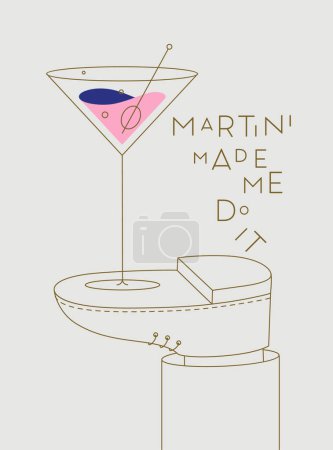 Téléchargez les illustrations : Affiche alcool. Verre avec lettrage martini m'a fait le faire se tient sur le dessin à pied dans le style art linéaire sur fond beige - en licence libre de droit