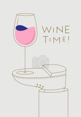 Illustration for Alcohol poster. Wine glass with lettering stands on foot drawing in line art style on beige background - Royalty Free Image