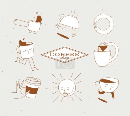Illustration for Coffee shop elements bottomless portafilter, running cup, coffee bean, sun, take away, milk jug drawing in cartoon flat line on beige background - Royalty Free Image
