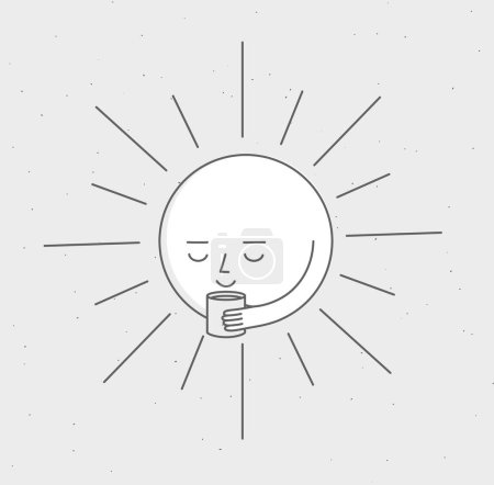 Téléchargez les illustrations : Matin dormir soleil tenant tasse de thé dessin animé style ligne plate sur fond gris - en licence libre de droit