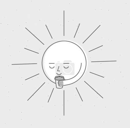 Illustration for Morning sleeping sun holding take away coffee cup drawing in cartoon flat line style on grey background - Royalty Free Image