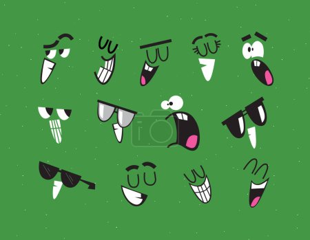 Illustration for Emotion smile faces drawing in cartoon style on green background - Royalty Free Image