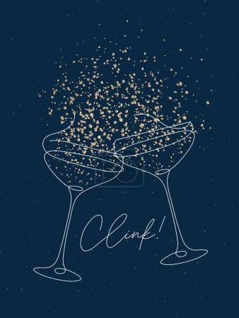 Téléchargez les illustrations : Clink verre de champagne avec dessin éclaboussure dans le style de ligne de stylo sur fond bleu - en licence libre de droit