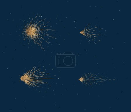 Téléchargez les illustrations : Étoile et comète brillent brillamment dans le dessin de l'espace dans un style graphique sur fond bleu - en licence libre de droit