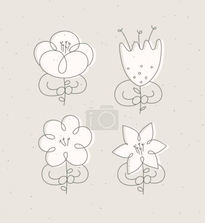 Téléchargez les illustrations : Homme avec dessin de fleurs dans un style linéaire minimaliste dessin sur fond beige - en licence libre de droit