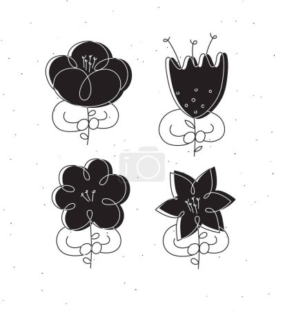 Téléchargez les illustrations : Homme avec dessin de fleurs dans un style linéaire minimaliste dessin noir sur fond blanc - en licence libre de droit