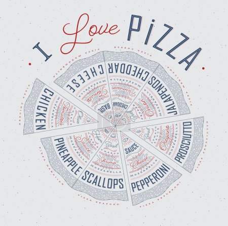 Illustration for Poster featuring slices of various pizzas, chicken, seafood, pepperoni, cheese, margherita with recipes and names showcased in I love pizza lettering, drawn with blue and red on a grey background. - Royalty Free Image