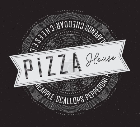 Illustration for Poster featuring slices of various pizzas, chicken, seafood, pepperoni, cheese, margherita with recipes and names showcased in pizza house lettering, drawn on a black background. - Royalty Free Image