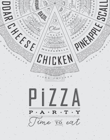 Illustration for Poster featuring slices of various pizzas, chicken, seafood, pepperoni, cheese, margherita with recipes and names showcased in pizza party time to eat lettering, drawn on a grey background. - Royalty Free Image