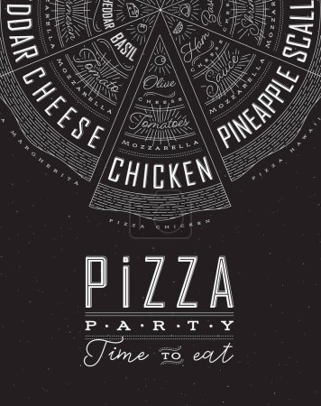 Illustration for Poster featuring slices of various pizzas, chicken, seafood, pepperoni, cheese, margherita with recipes and names showcased in pizza party time to eat lettering, drawn on a black background. - Royalty Free Image