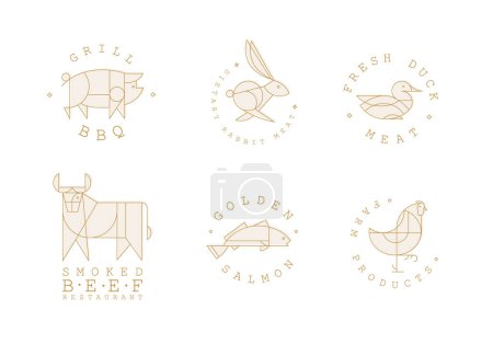 Téléchargez les illustrations : Étiquettes animales de style art déco linéaire avec barbecue à lettrage, viande fraîche, restaurant de bœuf fumé, saumon doré, produits de la ferme sur fond clair - en licence libre de droit