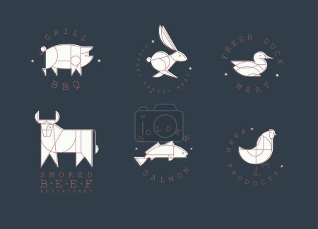 Illustration for Animal labels in art deco linear style with lettering grill bbq, fresh meat, smoked beef restaurant, golden salmon, farm products drawing on blue background - Royalty Free Image