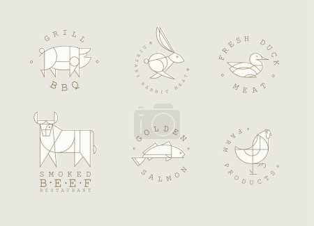 Ilustración de Etiquetas de animales en estilo lineal art deco con parrilla de letras barbacoa, carne fresca, restaurante de carne ahumada, salmón dorado, productos agrícolas dibujando sobre fondo beige - Imagen libre de derechos